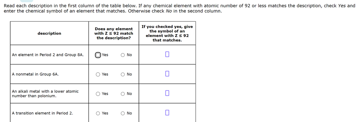 Read each description in the first column of the table below. If any chemical element with atomic number of 92 or less matches the description, check Yes and
enter the chemical symbol of an element that matches. Otherwise check No in the second column.
description
An element in Period 2 and Group 8A.
A nonmetal in Group 6A.
An alkali metal with a lower atomic
number than polonium.
A transition element in Period 2.
Does any element
with Z ≤ 92 match
the description?
Yes
Yes
Yes
O Yes
O No
O No
No
No
If you checked yes, give
the symbol of an
element with Z ≤ 92
that matches.