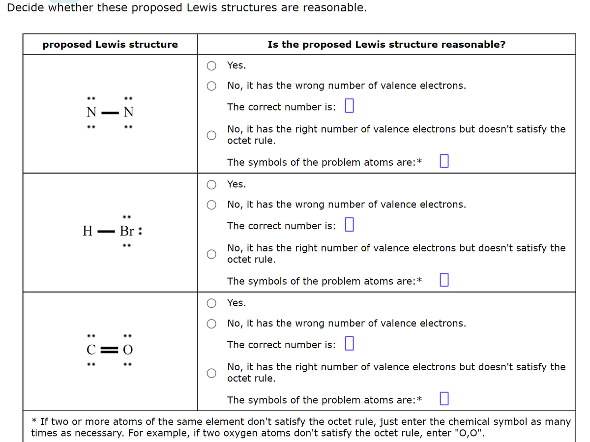 Decide whether these proposed Lewis structures are reasonable.
proposed Lewis structure
:Z:
N
|
: 0:
N
H- Br:
..
: 0:
C=0
Is the proposed Lewis structure reasonable?
Yes.
No, it has the wrong number of valence electrons.
The correct number is:
No, it has the right number of valence electrons but doesn't satisfy the
octet rule.
The symbols of the problem atoms are:*
Yes.
No, it has the wrong number of valence electrons.
The correct number is:
No, it has the right number of valence electrons but doesn't satisfy the
octet rule.
The symbols of the problem atoms are:
*
Yes.
No, it has the wrong number of valence electrons.
The correct number is:
No, it has the right number of valence electrons but doesn't satisfy the
octet rule.
The symbols of the problem atoms are:
*
* If two or more atoms of the same element don't satisfy the octet rule, just enter the chemical symbol as many
times as necessary. For example, if two oxygen atoms don't satisfy the octet rule, enter "0,0".