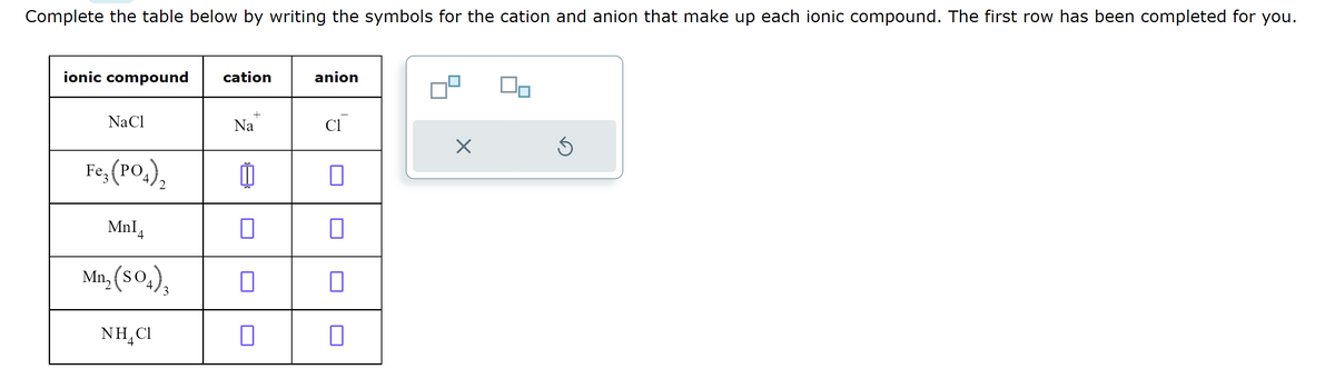 Complete the table below by writing the symbols for the cation and anion that make up each ionic compound. The first row has been completed for you.
ionic compound cation
NaCl
Fc₂(PO4)₂
Mnl
Mn, (SO₂),
NH₂Cl
4
Na
0
anion
C1
×
Ś