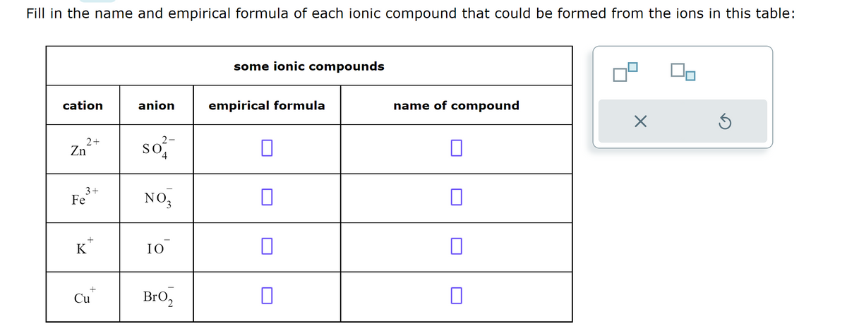 Fill in the name and empirical formula of each ionic compound that could be formed from the ions in this table:
cation
2 +
Zn
3+
Fe
K
+
+
Cu
anion
2-
So
4
NO,
3
IO
BrO₂
some ionic compounds
empirical formula
||
■
name of compound
X
Ś