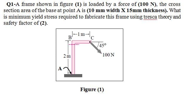 Q1-A frame shown in figure (1) is loaded by a force of (100 N), the cross
section area of the base at point A is (10 mm width X 15mm thickness). What
is minimum yield stress required to fabricate this frame using tresca theory and
safety factor of (2).
B-Im-c
45°
2 m
100 N
Figure (1)
