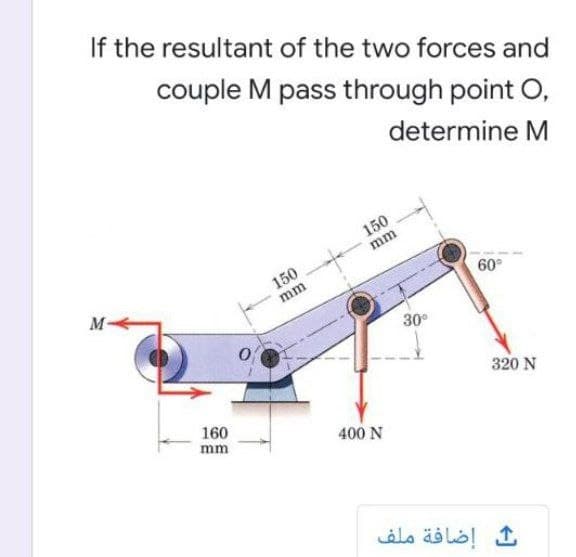 If the resultant of the two forces and
couple M pass through point O,
determine M
150
mm
150
M-
60°
mm
30°
320 N
160
mm
400 N
إضافة ملف
