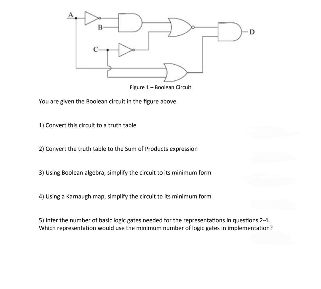 B
D
Figure 1- Boolean Circuit
You are given the Boolean circuit in the figure above.
1) Convert this circuit to a truth table
2) Convert the truth table to the Sum of Products expression
3) Using Boolean algebra, simplify the circuit to its minimum form
4) Using a Karnaugh map, simplify the circuit to its minimum form
5) Infer the number of basic logic gates needed for the representations in questions 2-4.
Which representation would use the minimum number of logic gates in implementation?
