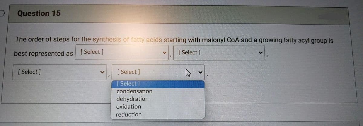 >
Question 15
The order of steps for the synthesis of fatty acids starting with malonyl CoA and a growing fatty acyl group is
best represented as [ Select]
[Select]
[Select]
[Select]
[Select]
condensation
dehydration
oxidation
reduction
4
>