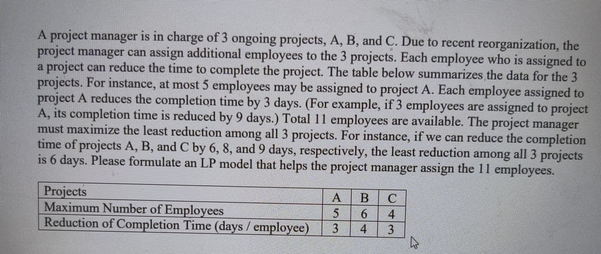 A project manager is in charge of 3 ongoing projects, A, B, and C. Due to recent reorganization, the
project manager can assign additional employees to the 3 projects. Each employee who is assigned to
a project can reduce the time to complete the project. The table below summarizes the data for the 3
projects. For instance, at most 5 employees may be assigned to project A. Each employee assigned to
project A reduces the completion time by 3 days. (For example, if 3 employees are assigned to project
A, its completion time is reduced by 9 days.) Total 11 employees are available. The project manager
must maximize the least reduction among all 3 projects. For instance, if we can reduce the completion
time of projects A, B, and C by 6, 8, and 9 days, respectively, the least reduction among all 3 projects
is 6 days. Please formulate an LP model that helps the project manager assign the 11 employees.
Projects
Maximum Number of Employees
Reduction of Completion Time (days / employee)
A B
5
3
C
6
4
4 3