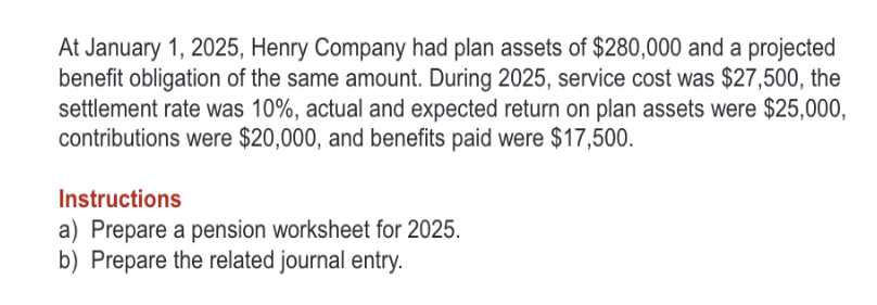 At January 1, 2025, Henry Company had plan assets of $280,000 and a projected
benefit obligation of the same amount. During 2025, service cost was $27,500, the
settlement rate was 10%, actual and expected return on plan assets were $25,000,
contributions were $20,000, and benefits paid were $17,500.
Instructions
a) Prepare a pension worksheet for 2025.
b) Prepare the related journal entry.