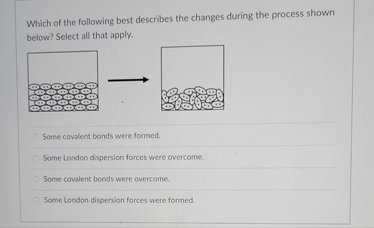 Which of the following best describes the changes during the process shown
below? Select all that apply.
Some covalent bonds were formed.
Some London dispersion forces were overcome.
Some covalent bonds were overcome.
Some London dispersion forces were formed.