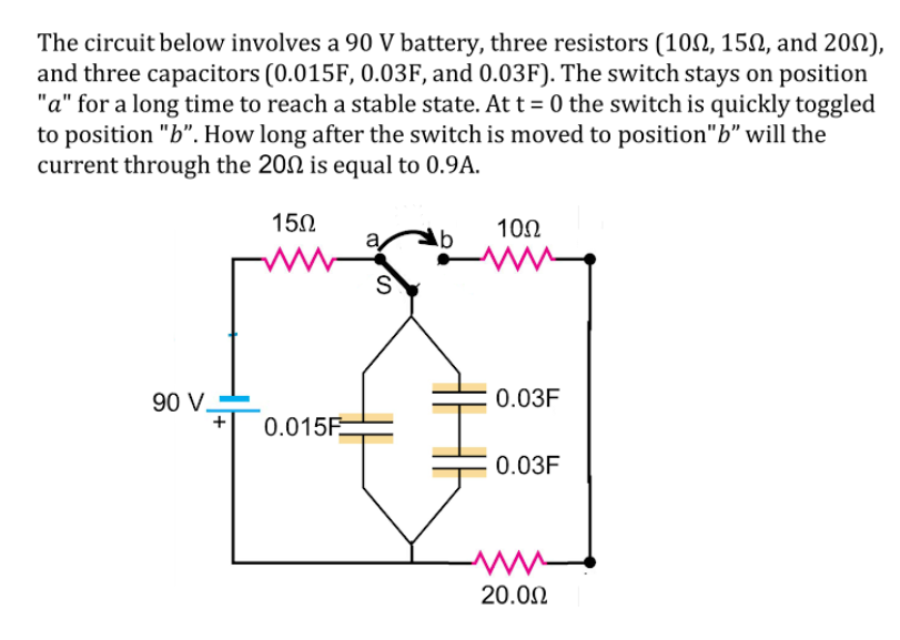 The circuit below involves a 90 V battery, three resistors (100, 150, and 200),
and three capacitors (0.015F, 0.03F, and 0.03F). The switch stays on position
"a" for a long time to reach a stable state. At t = 0 the switch is quickly toggled
to position "b". How long after the switch is moved to position"b" will the
current through the 2002 is equal to 0.9A.
15Ω
90 V
+
0.015F
S
10Ω
0.03F
0.03F
w
20.00