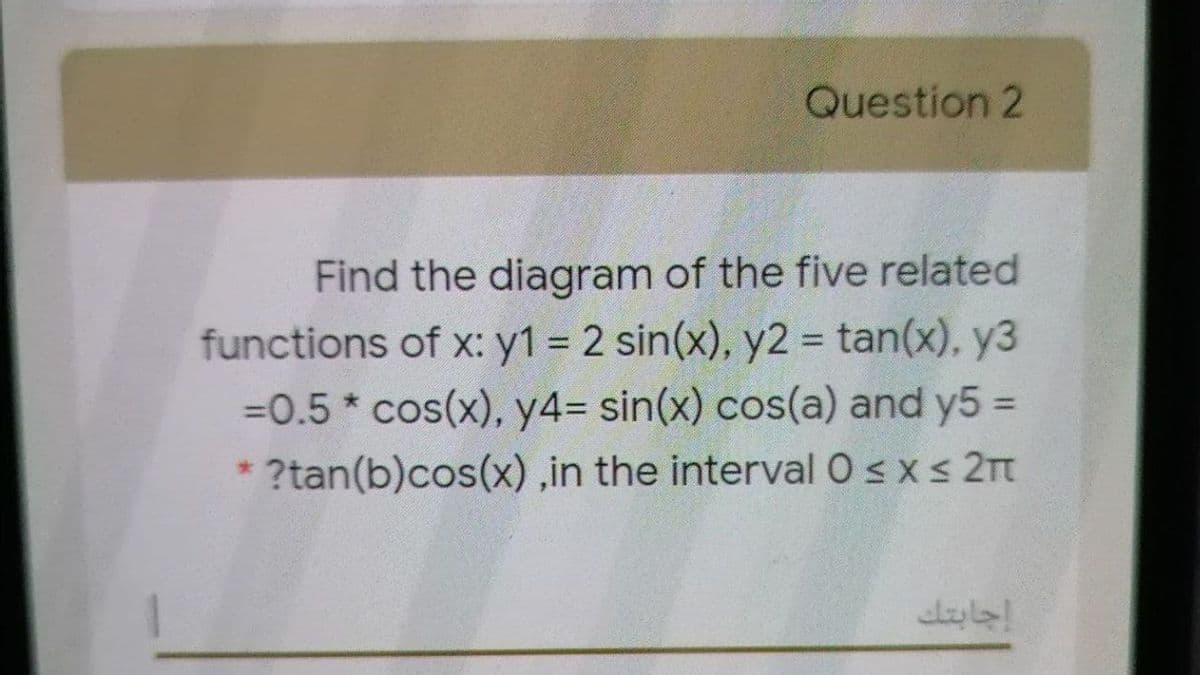 Question 2
Find the diagram of the five related
functions of x: y1 = 2 sin(x), y2 = tan(x), y3
=0.5 * cos(x), y4= sin(x) cos(a) and y5 =
* ?tan(b)cos(x) ,in the interval Osxs 2Tt
www.
إجابتت
