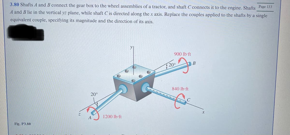 3.80 Shafts A and B connect the gear box to the wheel assemblies of a tractor, and shaft C connects it to the engine. Shafts Page 133
A and B lie in the vertical yz plane, while shaft C is directed along the x axis. Replace the couples applied to the shafts by a single
equivalent couple, specifying its magnitude and the direction of its axis.
Fig. P3.80
20°
1200 lb-ft
900 lb-ft
20⁰
840 lb-ft
B