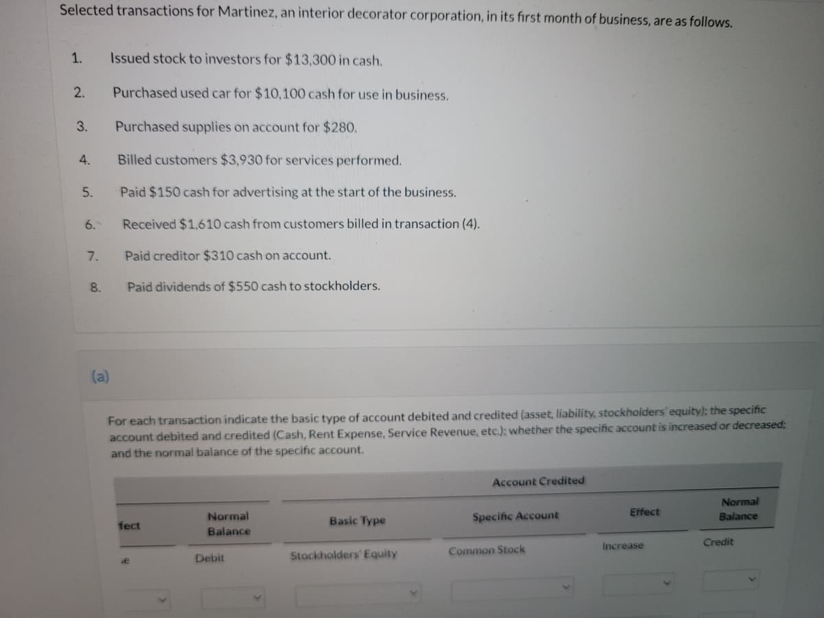 Selected transactions for Martinez, an interior decorator corporation, in its first month of business, are as follows.
1.
Issued stock to investors for $13,300 in cash.
2.
Purchased used car for $10, 100 cash for use in business.
3.
Purchased supplies on account for $280.
4.
Billed customers $3,930 for services performed.
5.
Paid $150 cash for advertising at the start of the business.
6.
Received $1,610 cash from customers billed in transaction (4).
7.
Paid creditor $310 cash on account.
8.
Paid dividends of $550 cash to stockholders.
(a)
For each transaction indicate the basic type of account debited and credited (asset, liability, stockholders' equity): the specific
account debited and credited (Cash, Rent Expense, Service Revenue, etc.); whether the specific account is increased or decreased:
and the normal balance of the specific account.
Account Credited
Normal
Normal
Specific Account
Effect
Balance
Basic Type
fect
Balance
Credit
Increase
Stockholders' Equity
Common Stock
Debit
