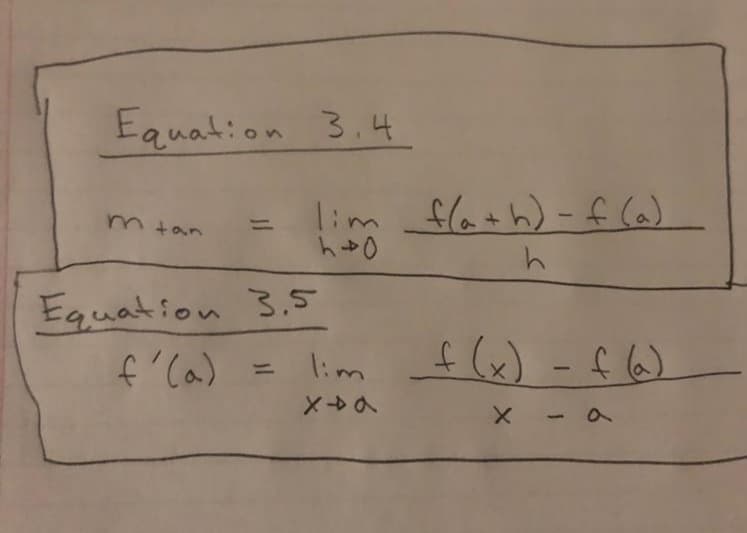 Equation 3.4
lim _f(a+h)-f(a)
h40
h
Equation 3.5
f'(a)
lim
xDa
f(x) = f(a)
-
X
