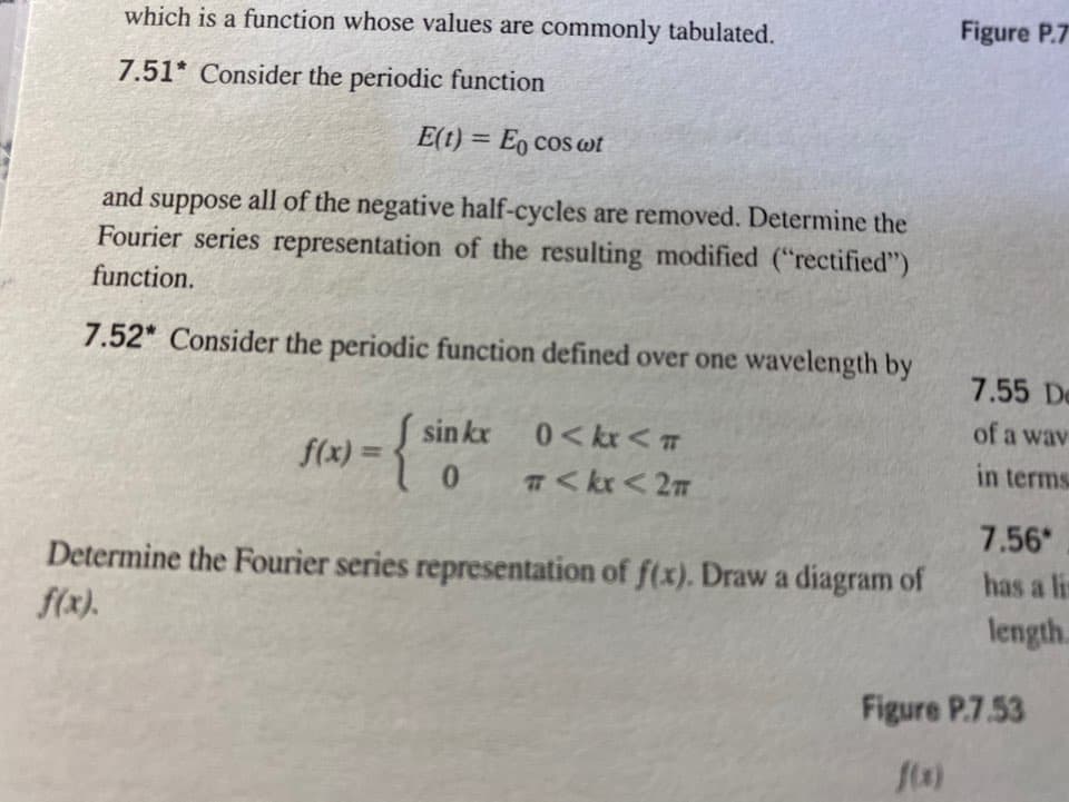 which is a function whose values are commonly tabulated.
Figure P.7
7.51* Consider the periodic function
E(t) = Eo cos wt
all of the negative half-cycles are removed. Determine the
Fourier series representation of the resulting modified ("rectified")
and
suppose
function.
7.52* Consider the periodic function defined over one wavelength by
7.55 De
of a wav
sin kx
0<rくT
f(x) =
in terms
Tくkx< 2m
7.56*
Determine the Fourier series representation of f(x). Draw a diagram of
f(x).
has a lis
length.
Figure P.7.53
