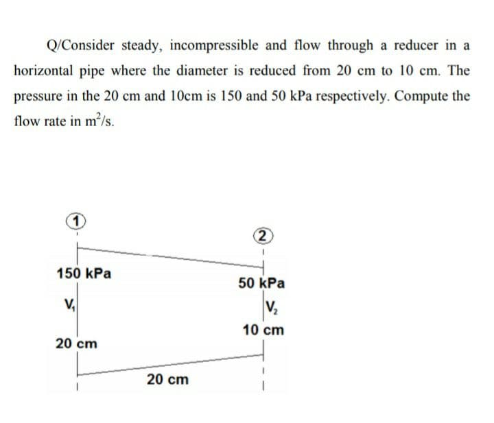 Q/Consider steady, incompressible and flow through a reducer in a
horizontal pipe where the diameter is reduced from 20 cm to 10 cm. The
pressure in the 20 cm and 10cm is 150 and 50 kPa respectively. Compute the
flow rate in m2/s.
1
2
150 kPa
50 kPa
V,
10 cm
20 cm
20 cm
