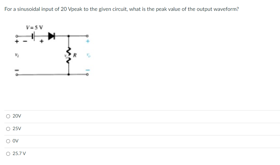 For a sinusoidal input of 20 Vpeak to the given circuit, what is the peak value of the output waveform?
V=5 V
O 20V
O 25V
OV
O 25.7 V
