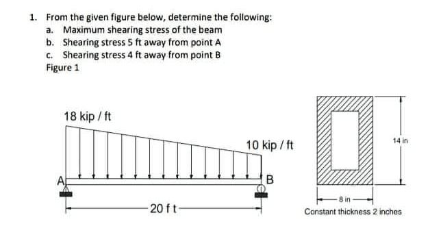 1. From the given figure below, determine the following:
a. Maximum shearing stress of the beam
b. Shearing stress 5 ft away from point A
c. Shearing stress 4 ft away from point B
Figure 1
18 kip / ft
14 in
10 kip / ft
8 in
20 ft
Constant thickness 2 inches
