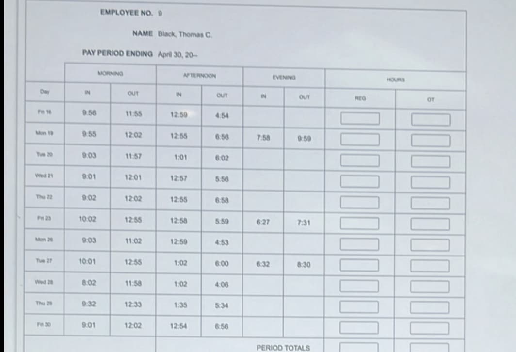 EMPLOYEE NO. 9
NAME Black, Thomas C.
PAY PERIOD ENDING April 30, 20-
Day
IN
MORNING
OUT
IN
AFTERNOON
OUT
IN
EVENING
OUT
REG
Fn 16
9.56
11:55
12:59
4:54
Mon 19
9:55
12:02
12:55
6:56
7:58
9:59
Tue 20
9:03
11:57
1:01
6:02
Wed 21
9:01
12:01
12:57
5:56
The 22
9:02
12:02
12:55
6:58
PH23
10:02
12:55
12:58
5:59
6:27
7:31
Mon 20
9:03
11:02
12:59
4:53
Tue 27
10:01
12:55
1:02
6:00
6:32
8:30
Wed 28
8:02
11:58
1:02
4:06
9:32
12:33
1:35
5:34
Fri 30
9.01
12:02
12:54
6:56
PERIOD TOTALS
HOURS
50
OT