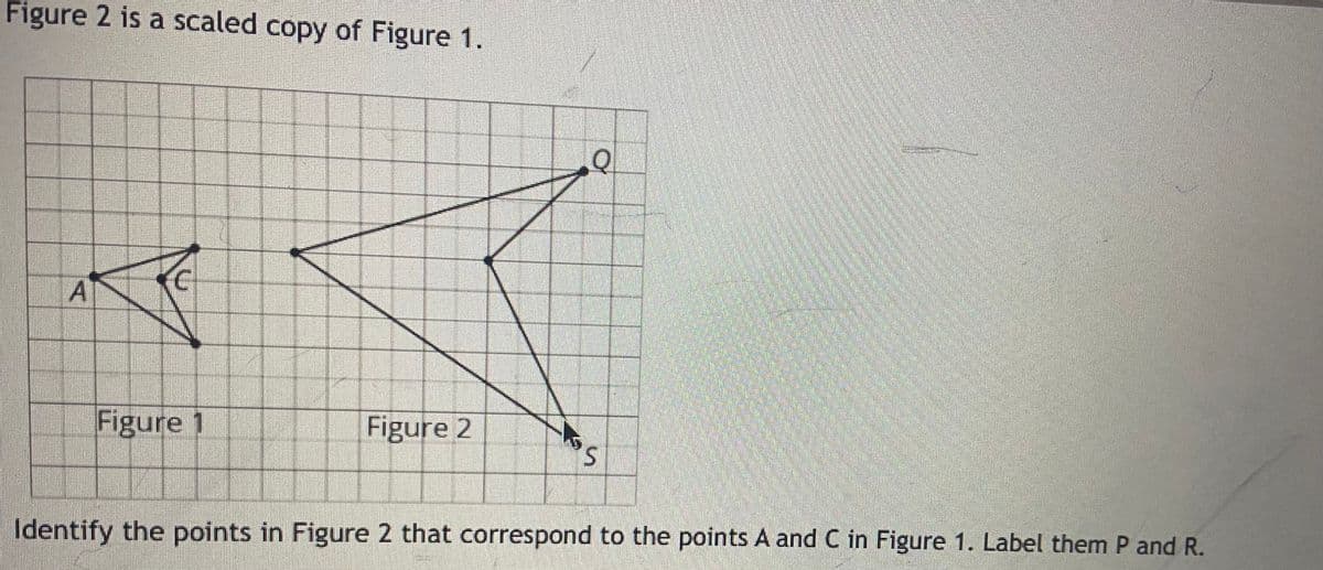 Figure 2 is a scaled copy of Figure 1.
A
(C
Figure 1
T
Figure 2
15
Q
'S
F
Identify the points in Figure 2 that correspond to the points A and C in Figure 1. Label them P and R.