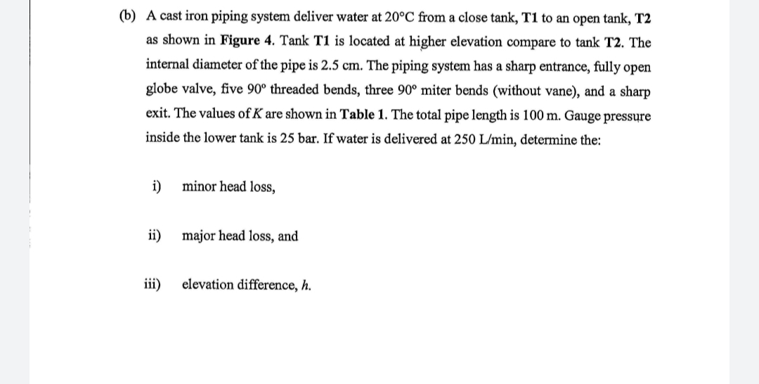 (b) A cast iron piping system deliver water at 20°C from a close tank, T1 to an open tank, T2
as shown in Figure 4. Tank T1 is located at higher elevation compare to tank T2. The
internal diameter of the pipe is 2.5 cm. The piping system has a sharp entrance, fully open
globe valve, five 90° threaded bends, three 90° miter bends (without vane), and a sharp
exit. The values of K are shown in Table 1. The total pipe length is 100 m. Gauge pressure
inside the lower tank is 25 bar. If water is delivered at 250 L/min, determine the:
i)
minor head loss,
ii)
major head loss, and
iii)
elevation difference, h.
