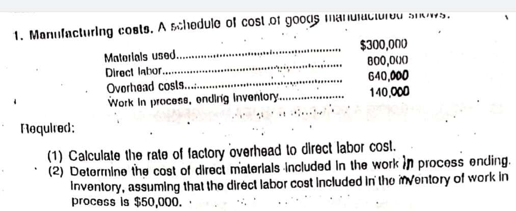 1. Marulacturlng costs. A schedule of cosl .of goods manuiuciurou SIVNS,
$300,000
800,000
640,000
140,000
Matotlals used.
Direct labor....
....... *"
Ovorhead costs.. .
Work In procese, ondirig Inventory...
.....
.: ....
Flequlred:
(1) Calculate the rate of faclory overhead to direct labor cost.
(2) Deterrmine the cost of direct materlals lncluded In the work in process ending.
Inventory, assuming that the diréct labor cost Included in the mventory of work in
process is $50,000.·
