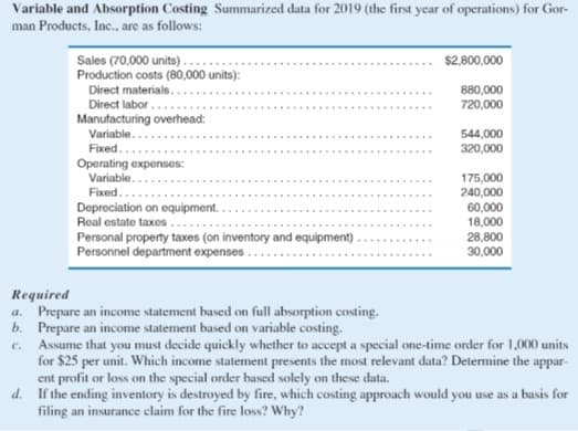 Variable and Absorption Costing Summarized data for 2019 (the first year of operations) for Gor-
man Products, Inc., are as follows:
Sales (70,000 units)....
Production costs (80,000 units):
Direct materials..
Direct labor....
a.
b.
C.
Manufacturing overhead:
Variable...
Fixed....
Operating expenses:
Variable.
Fixed...
Depreciation on equipment.
Real estate taxes.
Personal property taxes (on inventory and equipment)
Personnel department expenses..
Required
Prepare an income statement based on full absorption costing.
Prepare an income statement based on variable costing.
$2,800,000
880,000
720,000
544,000
320,000
175,000
240,000
60,000
18,000
28,800
30,000
Assume that you must decide quickly whether to accept a special one-time order for 1,000 units
for $25 per unit. Which income statement presents the most relevant data? Determine the appar-
ent profit or loss on the special order based solely on these data.
d. If the ending inventory is destroyed by fire, which costing approach would you use as a basis for
filing an insurance claim for the fire loss? Why?