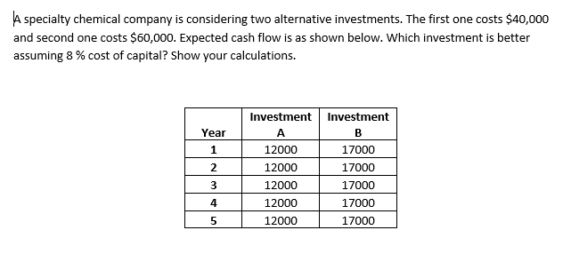 A specialty chemical company is considering two alternative investments. The first one costs $40,000
and second one costs $60,000. Expected cash flow is as shown below. Which investment is better
assuming 8 % cost of capital? Show your calculations.
Investment
Investment
Year
A
B
1.
12000
17000
2
12000
17000
12000
17000
4
12000
17000
12000
17000
