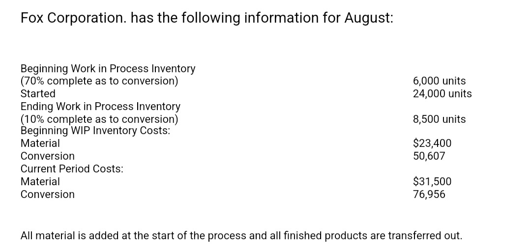 Fox Corporation. has the following information for August:
Beginning Work in Process Inventory
(70% complete as to conversion)
6,000 units
24,000 units
Started
Ending Work in Process Inventory
(10% complete as to conversion)
Beginning WIP Inventory Costs:
Material
8,500 units
$23,400
50,607
Conversion
Current Period Costs:
$31,500
76,956
Material
Conversion
All material is added at the start of the process and all finished products are transferred out.
