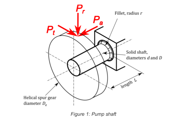 Pt
Pr
Helical spur gear
diameter D
Pa
Figure 1: Pump shaft
Fillet, radius r
Solid shaft,
diameters d and D
length L