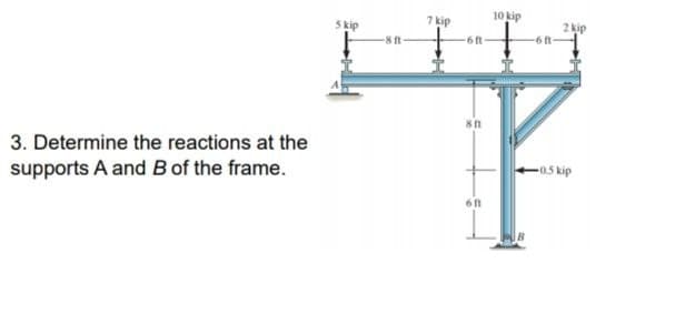 7 kip
10 kip
2 kip
5 kip
-8t
61t
3. Determine the reactions at the
-05 kip
supports A and B of the frame.
