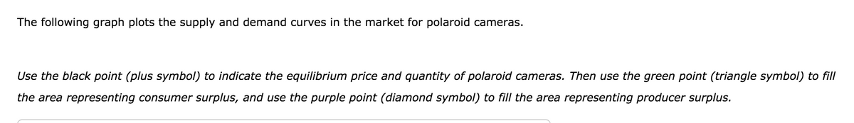 The following graph plots the supply and demand curves in the market for polaroid cameras.
Use the black point (plus symbol) to indicate the equilibrium price and quantity of polaroid cameras. Then use the green point (triangle symbol) to fill
the area representing consumer surplus, and use the purple point (diamond symbol) to fill the area representing producer surplus.