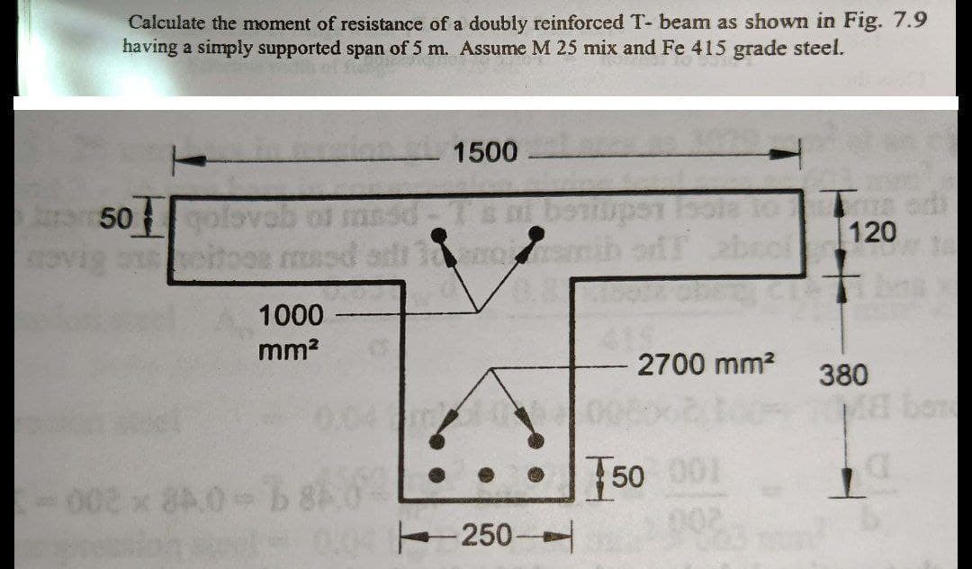 Calculate the moment of resistance of a doubly reinforced T- beam as shown in Fig. 7.9
having a simply supported span of 5 m. Assume M 25 mix and Fe 415 grade steel.
1500
50 olo
eitoos mesd
120
1000
mm?
2700 mm?
380
bon
002 x 8A0 b 8A0
50 001
250-
