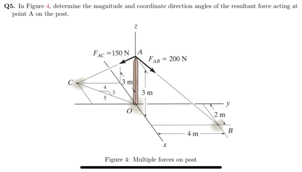 Q5. In Figure 4, determine the magnitude and coordinate direction angles of the resultant force acting at
point A on the post.
C
FAC=150 NA
4
5
3
Z
3 m
FAB= 200 N
3 m
4 m
Figure 4: Multiple forces on post
y
2m
B