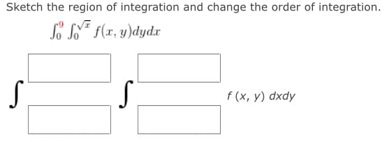 Sketch the region of integration and change the order of integration.
Sof√ f(x, y)dydr
S
f(x, y) dxdy