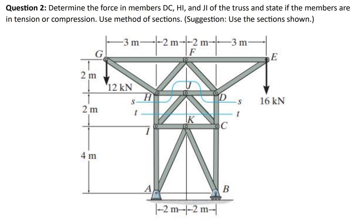 Question 2: Determine the force in members DC, HI, and JI of the truss and state if the members are
in tension or compression. Use method of sections. (Suggestion: Use the sections shown.)
-3 m
|- 2 m -|- 2 m--|--
-3 m
G
E
2 m
2 m
4 m
12 kN
S
t
H
D
16 kN
t
K
C
A
1-2 m-1-2 m-
B