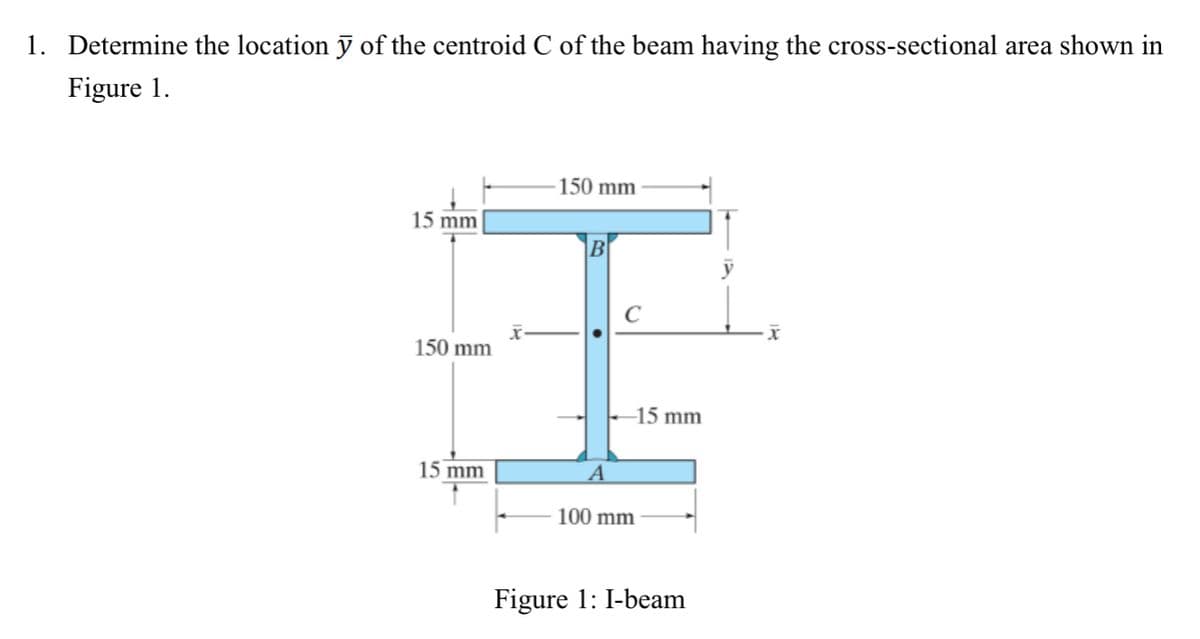 1. Determine the location y of the centroid C of the beam having the cross-sectional area shown in
Figure 1.
150 mm
B
I
C
150 mm
-15 mm
A
15 mm
15 mm
100 mm
Figure 1: I-beam