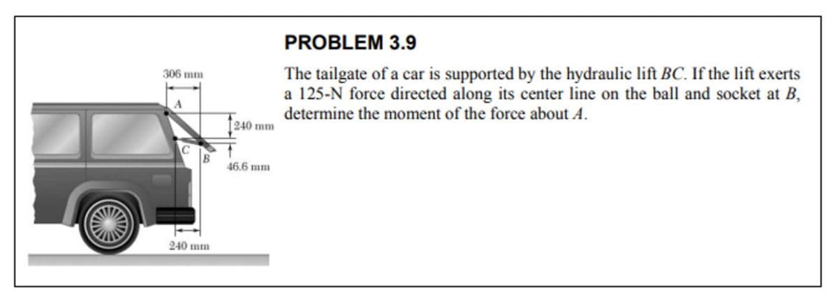 AND
306 mm
240 mm
240 mm
46.6 mm
PROBLEM 3.9
The tailgate of a car is supported by the hydraulic lift BC. If the lift exerts
a 125-N force directed along its center line on the ball and socket at B,
determine the moment of the force about A.