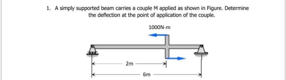 1. A simply supported beam carries a couple M applied as shown in Figure. Determine
the deflection at the point of application of the couple.
1000N-m
2m
6m
