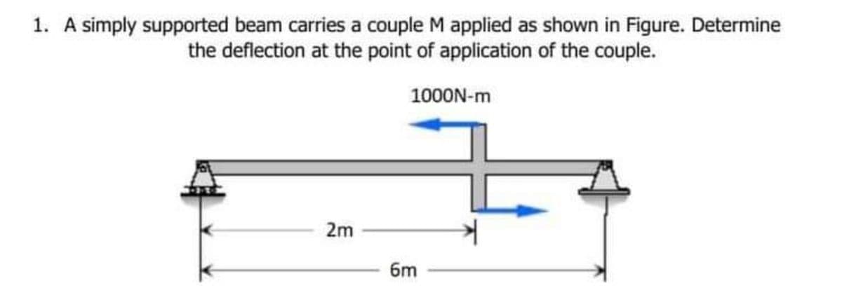 1. A simply supported beam carries a couple M applied as shown in Figure. Determine
the deflection at the point of application of the couple.
1000N-m
2m
6m

