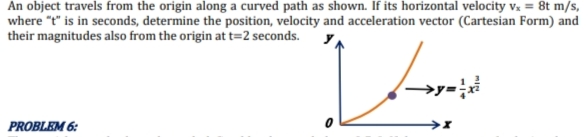 An object travels from the origin along a curved path as shown. If its horizontal velocity vx = 8t m/s,
where "t" is in seconds, determine the position, velocity and acceleration vector (Cartesian Form) and
their magnitudes also from the origin at t=2 seconds.
→y=
PROBLEM 6:
