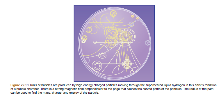 Figure 22.19 Trails of bubbles are produced by high-energy charged particles moving through the superheated liquid hydrogen in this artist's rendition
of a bubble chamber. There is a strong magnetic field perpendicular to the page that causes the curved paths of the particles. The radius of the path
can be used to find the mass, charge, and energy of the particle.
