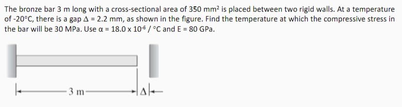 The bronze bar 3 m long with a cross-sectional area of 350 mm2 is placed between two rigid walls. At a temperature
of -20°C, there is a gap A = 2.2 mm, as shown in the figure. Find the temperature at which the compressive stress in
the bar will be 30 MPa. Use a = 18.0x 10-6 / °C and E = 80 GPa.
3 m-
