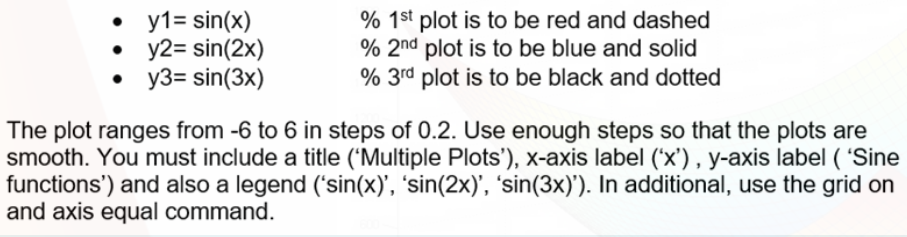 • y1= sin(x)
• y2= sin(2x)
y3= sin(3x)
% 1st plot is to be red and dashed
% 2nd plot is to be blue and solid
% 3rd plot is to be black and dotted
The plot ranges from -6 to 6 in steps of 0.2. Use enough steps so that the plots are
smooth. You must include a title ('Multiple Plots'), x-axis label (x') , y-axis label ( 'Sine
functions') and also a legend ('sin(x)', 'sin(2x)', 'sin(3x)'). In additional, use the grid on
and axis equal command.

