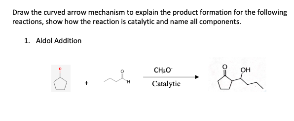 Draw the curved arrow mechanism to explain the product formation for the following
reactions, show how the reaction is catalytic and name all components.
1. Aldol Addition
شد
CH3O
Catalytic
OH