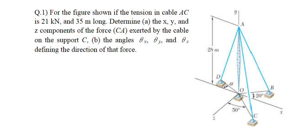Q.1) For the figure shown if the tension in cable AC
is 21 kN, and 35 m long. Determine (a) the x, y, and
z components of the force (CA) exerted by the cable
on the support C, (b) the angles 0x, 0y, and 0z
defining the direction of that force.
28 m
20°
50
