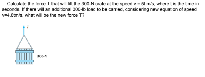 Calculate the force T that will lift the 300-N crate at the speed v = 5t m/s, where t is the time in
seconds. If there will an additional 300-lb load to be carried, considering new equation of speed
v=4.8tm/s, what will be the new force T?
T
300-N
