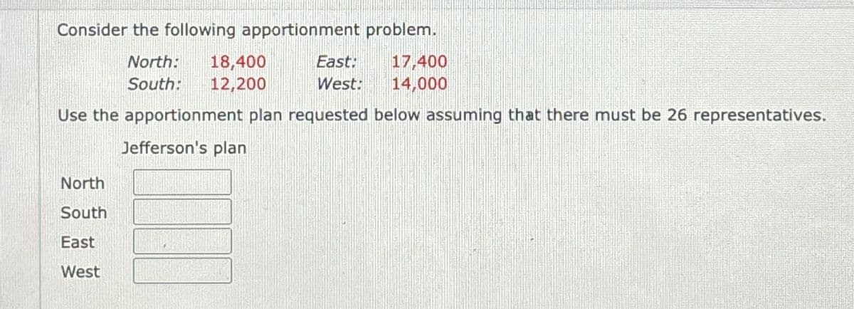 Consider the following apportionment problem.
North: 18,400
South: 12,200
East:
West:
Use the apportionment plan requested below assuming that there must be 26 representatives.
Jefferson's plan
North
South
East
West
17,400
14,000