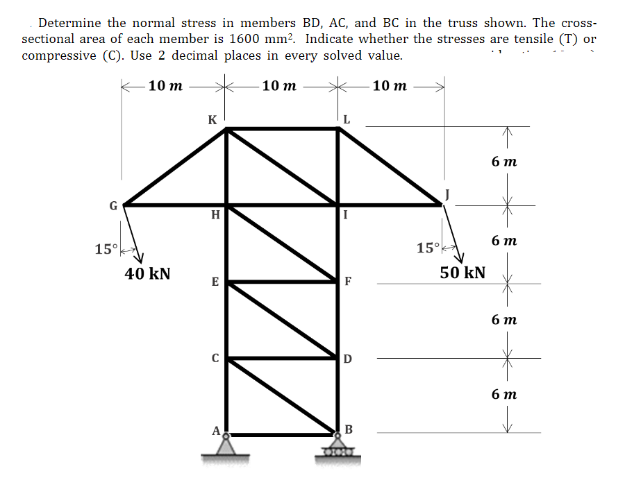 Determine the normal stress in members BD, AC, and BC in the truss shown. The cross-
sectional area of each member is 1600 mm?. Indicate whether the stresses are tensile (T) or
compressive (C). Use 2 decimal places in every solved value.
10 т
10 m
10 m
K
6 т
G
H
6 m
15°
15°
40 kN
50 kN
E
F
6 т
б т
А
B
