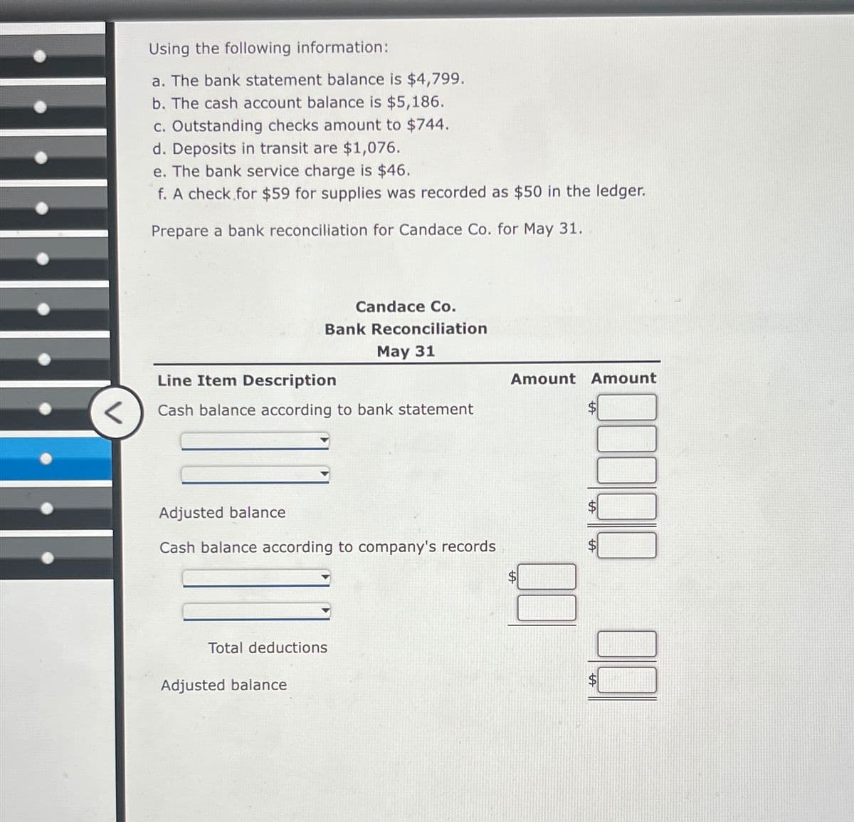 HH
Using the following information:
a. The bank statement balance is $4,799.
b. The cash account balance is $5,186.
c. Outstanding checks amount to $744.
d. Deposits in transit are $1,076.
e. The bank service charge is $46.
f. A check for $59 for supplies was recorded as $50 in the ledger.
Prepare a bank reconciliation for Candace Co. for May 31.
Candace Co.
Bank Reconciliation
QQ
May 31
Line Item Description
Amount Amount
<
Cash balance according to bank statement
Adjusted balance
Cash balance according to company's records
Total deductions
Adjusted balance