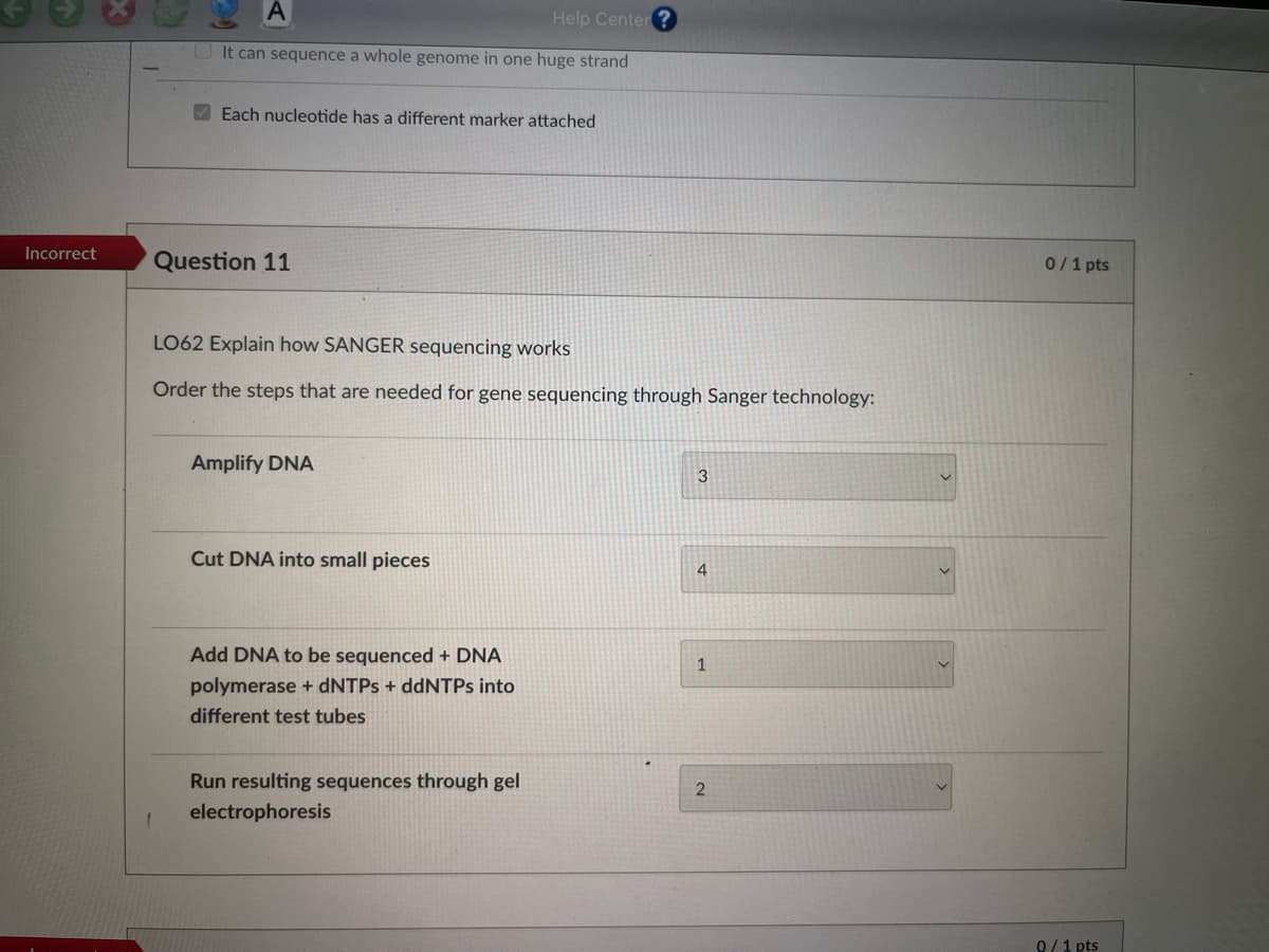 Incorrect
1
A
Help Center?
It can sequence a whole genome in one huge strand
Each nucleotide has a different marker attached
Question 11
LO62 Explain how SANGER sequencing works
Order the steps that are needed for gene sequencing through Sanger technology:
Amplify DNA
Cut DNA into small pieces
Add DNA to be sequenced + DNA
polymerase + dNTPs + ddNTPs into
different test tubes
Run resulting sequences through gel
electrophoresis
3
111
0/1 pts
0 / 1 pts