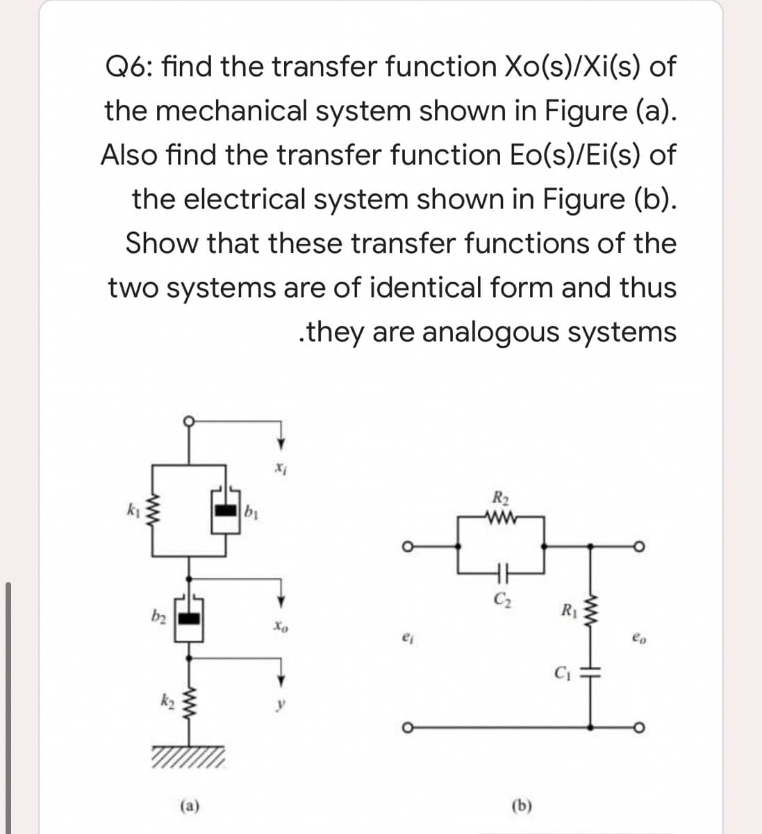 Q6: find the transfer function Xo(s)/Xi(s) of
the mechanical system shown in Figure (a).
Also find the transfer function Eo(s)/Ei(s) of
the electrical system shown in Figure (b).
Show that these transfer functions of the
two systems are of identical form and thus
.they are analogous systems
R2
by
C2
eo
(b)
(a)
ww
ww-
bp
